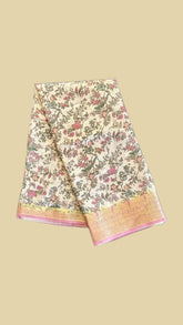 Flamingo Pink Floral and Bird Pattern with Gold Brocade Traditional Border Fancy Georgette Saree